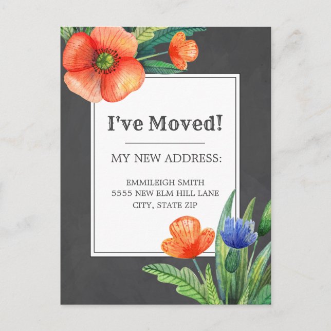 Orange Blue Flower Black Chalkboard Change Address Postcard (Front)