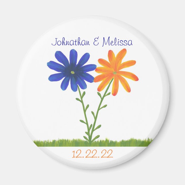 Orange & Blue Flower Save the date wedding magnets (Front)