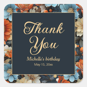 Orange Blue Flowers Black Birthday Thank You Square Sticker