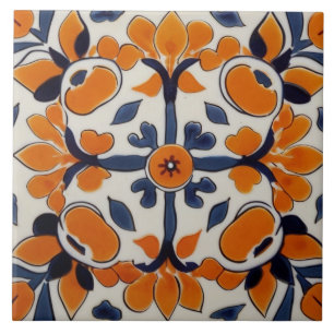 Orange Blue Geometric Cross Abstract Mediterranean Ceramic Tile