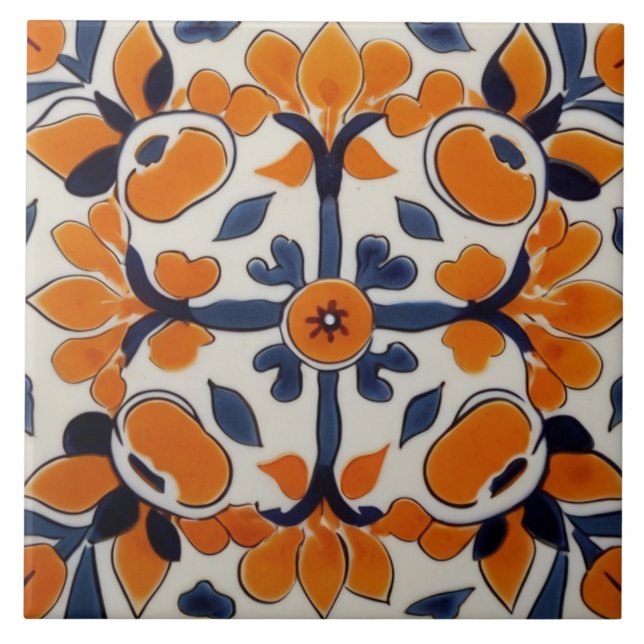 Orange Blue Geometric Cross Abstract Mediterranean Ceramic Tile (Front)