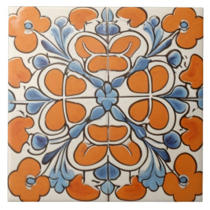 Orange Blue Geometric Floral Flower Mediterranean Ceramic Tile