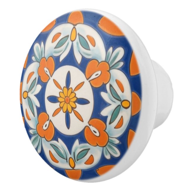Orange & Blue Geometric Floral Mediterranean Ceramic Knob (Right)