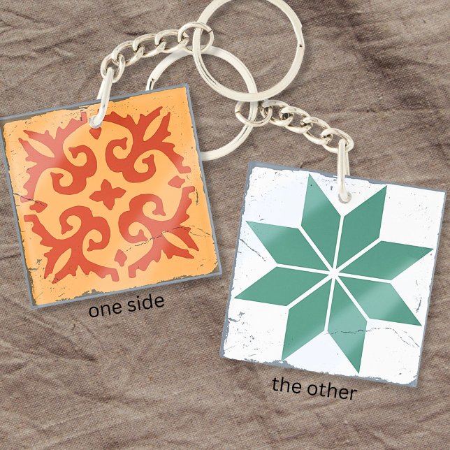Orange Blue Geometric Tile Board Game Distressed Key Ring (Creator Uploaded)