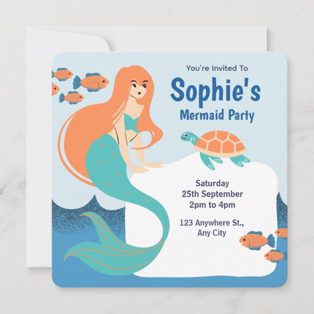 Orange Blue Girls Mermaid Birthday Party  Invitation (Front)
