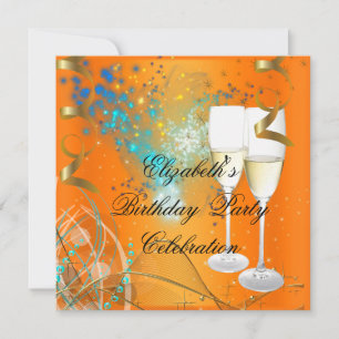 Orange Blue Gold Birthday Party Champagne Invitation