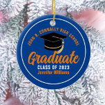 Orange Blue Graduate Personalised 2025 Graduation Ceramic Ornament<br><div class="desc">This modern orange and blue custom senior graduate Christmas ornament features your high school or college name for the class of 2025. Customise with your graduating year under the chic handwritten script and black grad cap for a great personalised graduation gift.</div>