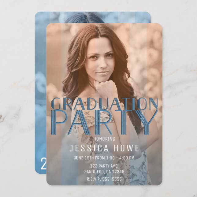 Orange Blue Graduation Party Graduate Photo Invitation (Front/Back)