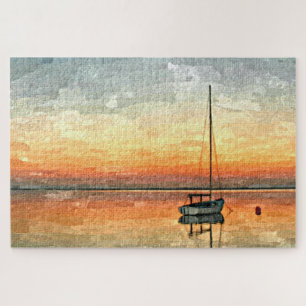 Orange Blue Gray Sunset Sailboat Watercolor Art Jigsaw Puzzle