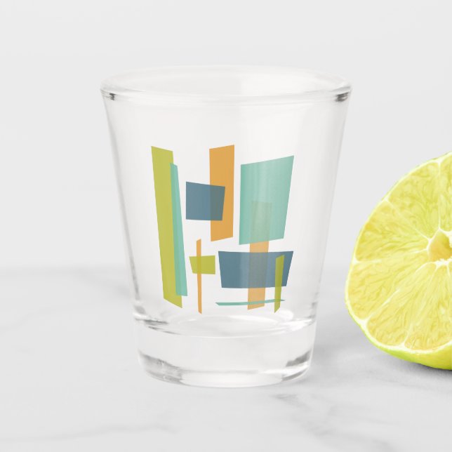 Orange Blue Green Abstract Rectangles Mid Century Shot Glass (Front)