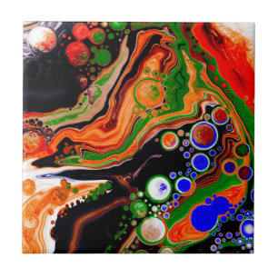 Orange, Blue, Green, Black Digital Fluid Art Ceramic Tile