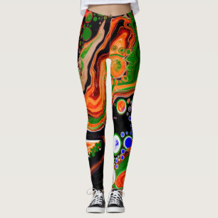 Orange, Blue, Green, Black Digital Fluid Art  Leggings