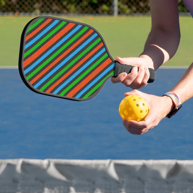 Orange, Blue, Green, Black Glitter Striped STaylor Pickleball Paddle (Insitu)