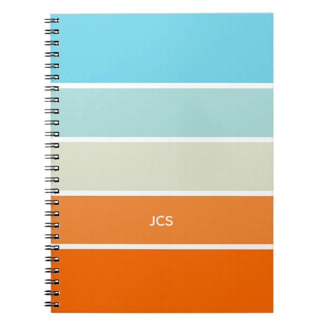 Orange Blue Green Colour Block Stripes Monogram Notebook (Front)
