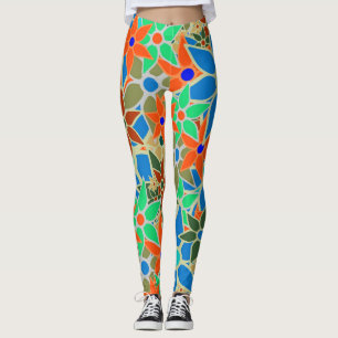 Orange Blue Mint Green Floral Leggings