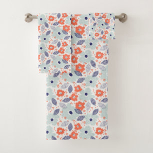 Orange & Blue Modern Flower Pattern Bath Towel Set