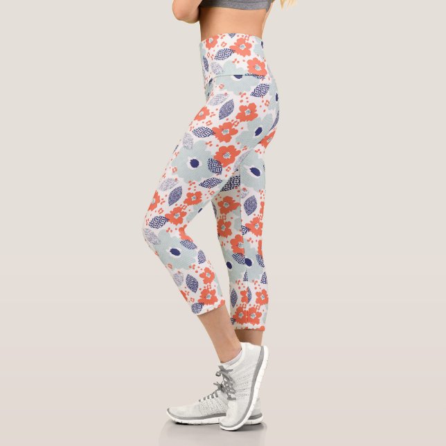 Orange & Blue Modern Flower Pattern Capri Leggings (Left)