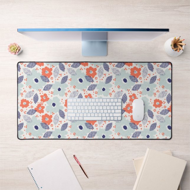 Orange & Blue Modern Flower Pattern Desk Mat (Office 1)
