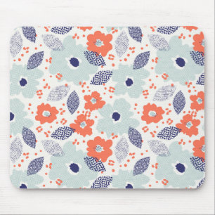 Orange & Blue Modern Flower Pattern Mouse Pad