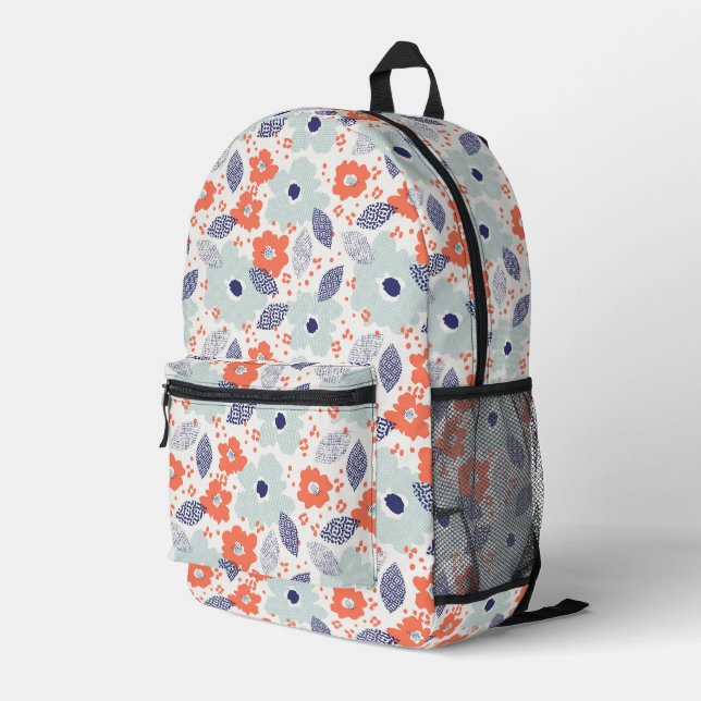 Orange & Blue Modern Flower Pattern Printed Backpack (Back Corner Right)