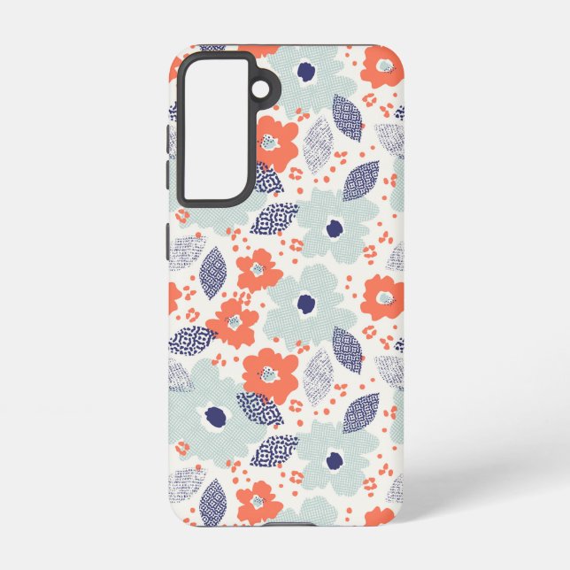 Orange & Blue Modern Flower Pattern Samsung Galaxy S21 Case (Back)