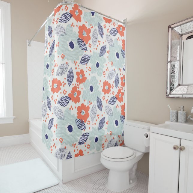 Orange & Blue Modern Flower Pattern Shower Curtain (In Situ)