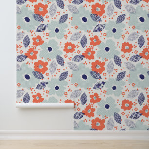 Orange & Blue Modern Flower Pattern Wallpaper