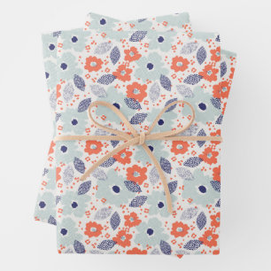 Orange & Blue Modern Flower Pattern Wrapping Paper Sheet
