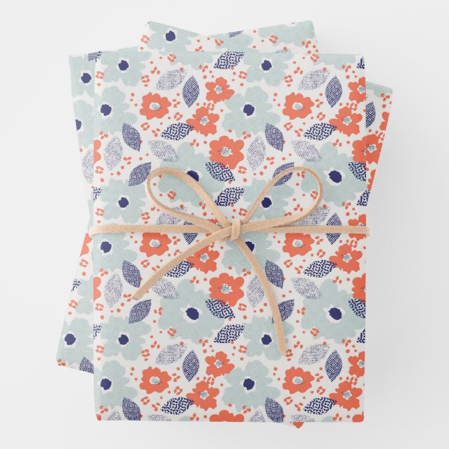 Orange & Blue Modern Flower Pattern Wrapping Paper Sheet (In situ)