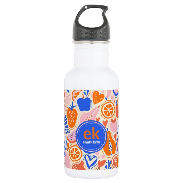 Orange Blue Monogram Fruits Vegetables  532 Ml Water Bottle (Front)