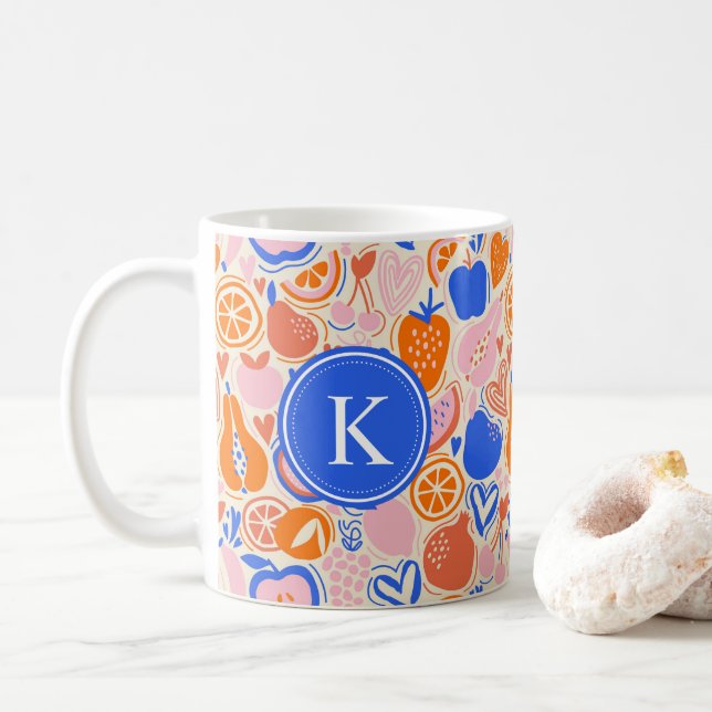 Orange Blue Monogram Fruits Vegetables  Coffee Mug (With Donut)