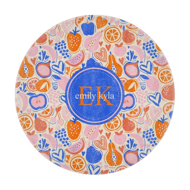Orange Blue Monogram Fruits Vegetables  Cutting Board (Front)