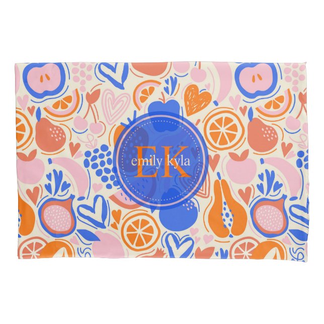 Orange Blue Monogram Fruits Vegetables Pillowcase (Front)