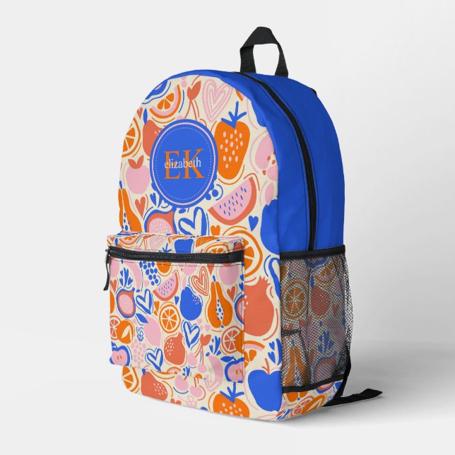 Orange Blue Monogram Fruits Vegetables Printed Backpack (Back Corner Right)