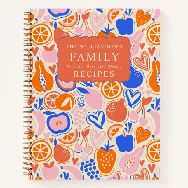Orange Blue Monogram Fruits Vegetables Recipes Notebook (Front)