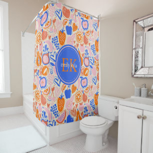 Orange Blue Monogram Fruits Vegetables Shower Curtain
