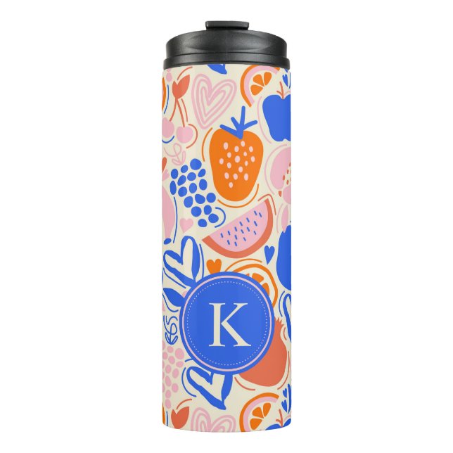 Orange Blue Monogram Fruits Vegetables  Thermal Tumbler (Front)