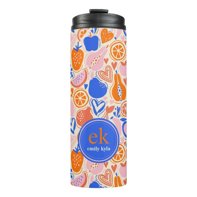Orange Blue Monogram Fruits Vegetables  Thermal Tumbler (Front)