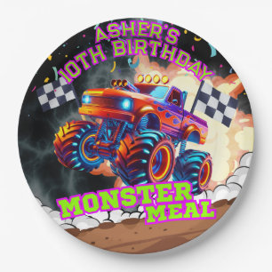Orange & Blue Monster Truck Kids Off-Road Birthday Paper Plate