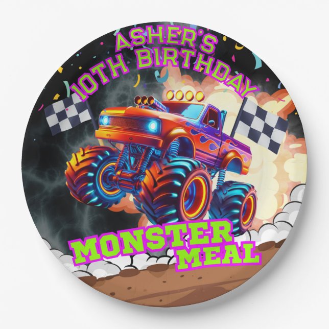 Orange & Blue Monster Truck Kids Off-Road Birthday Paper Plate (Front)