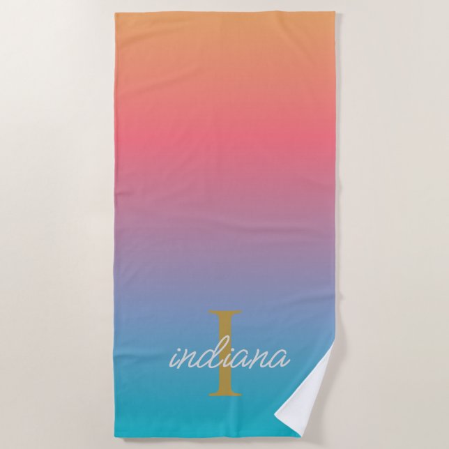 Orange Blue Ombre Modern Monogram Name Beach Towel (Front)