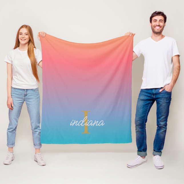 Orange Blue Ombre Modern Monogram Script Fleece Blanket (In Situ)
