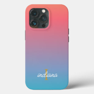 Orange Blue Ombre Modern Script Monogram Name iPhone 13 Pro Case