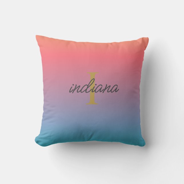 Orange Blue Ombre Monogram Script Cushion (Front)
