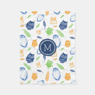 Orange Blue Owls Feathers Pattern Monogram Blanket