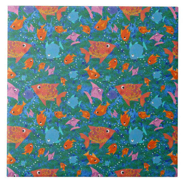 Orange, Blue, Pink Colourful Fun Fish in the Sea Ceramic Tile (Front)