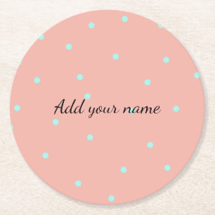Orange blue polka dots abstract add name text t th round paper coaster