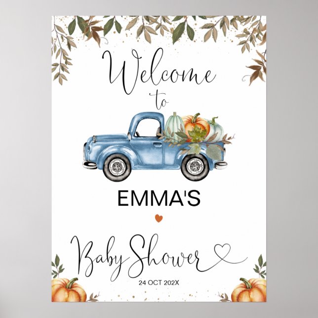 Orange Blue Pumpkin Truck Baby Shower Welcome Sign (Front)