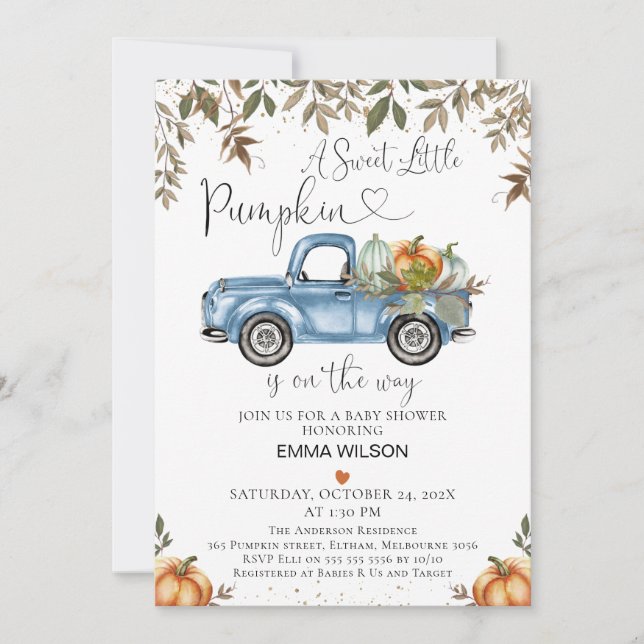 Orange Blue Pumpkin Truck with Heart Baby Shower Invitation (Front)