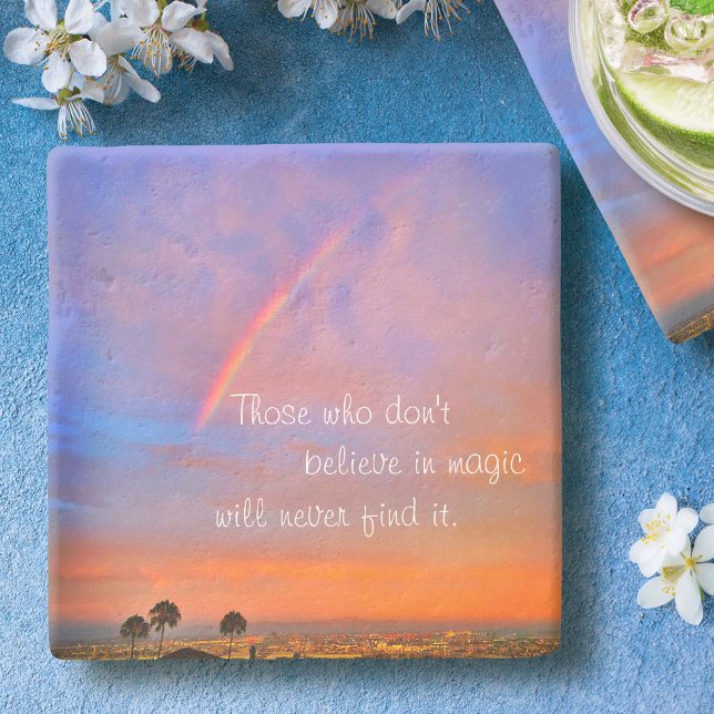 Orange Blue Rainbow Sunset Photo Believe in Magic Stone Coaster (Creator Uploaded)